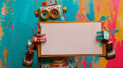 Robot holds a white sign with free space. colorful background