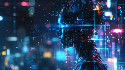 3d rendering cyborg head with digital binary code on blue background. AI.