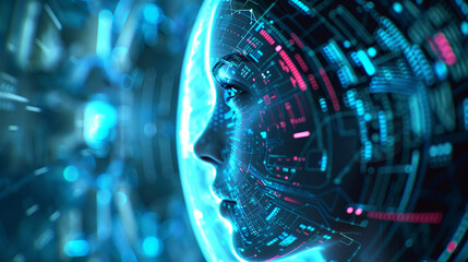 3D illustration of a cyborg head with binary code on the background. AI.