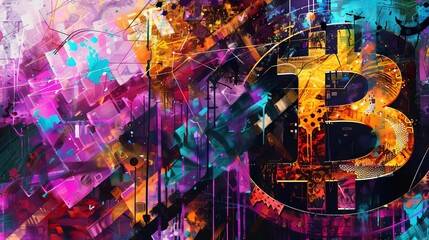 Colorful abstract painting of a Bitcoin symbol.