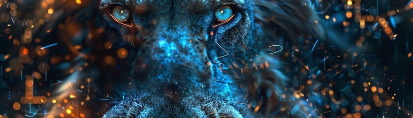 Capture the mesmerizing contrast of sleek futuristic tech with raw wildlife beauty using unexpected camera angles Showcase a lions stare powered by holographic data in superimposed