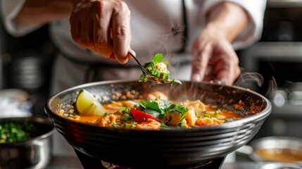 A chef garnishing a bowl of Tom Yum Goong soup with a sprinkle of chopped cilantro and a squeeze of fresh lime juice for a burst of freshness.