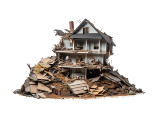 Ruins of house with extensive damage, surrounded by debris, isolated on a transparent background. Generative AI