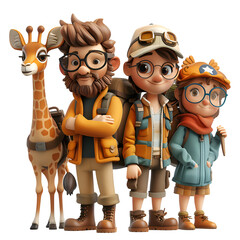 A 3D animated cartoon render of lost tourists finding their way with the help of a gazelle.
