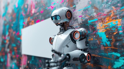 Robot holds a white sign with free space. colorful background