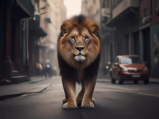 lion in street | lion on city street | lion walking down street | lion on pavement | lion near buildings | lion in urban setting | wild animal in city | escaped lion | city under siege | danger zone