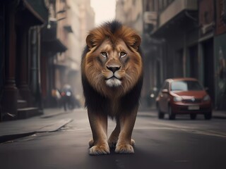 lion in street | lion on city street | lion walking down street | lion on pavement | lion near...