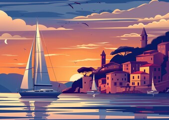 Serene Sunset Seascape with Sailing Boat and Coastal Village Illustration