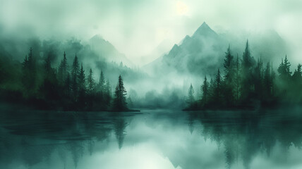 watercolor of foggy pines moutains with a misty river. Mysterious atmosphere. Dark green tone