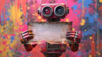 Robot holds a white sign with free space. colorful background