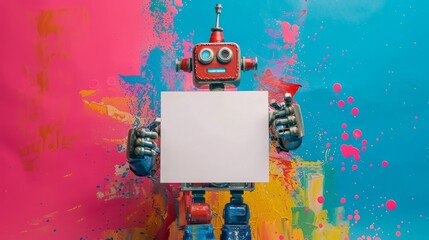 Robot holds a white sign with free space. colorful background