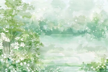 Watercolor spring landscape with green trees and white flowers,  Hand drawn illustration
