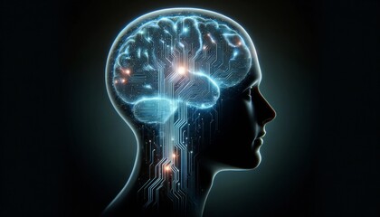 The silhouette of a person's profile where the brain is depicted as an intricate network of glowing circuits and data streams.
