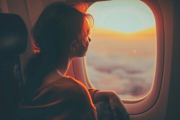 Woman Gazing at Sunset from Airplane Window