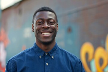 Close up portrait of a young african american man smiling against urban background - Powered by Adobe