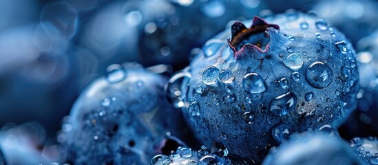 Water droplets on a ripe and sweet blueberry. Fresh blueberries as the backdrop with space for...
