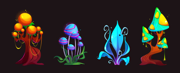 Fantasy alien mushroom. Magic plant cartoon forest set. Fairy tale nature clipart. Fantastic flower and fungus design for wonderland landscape. Psychedelic flora for unusual colorful planet for game