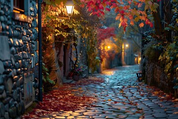 A cobblestone street lined with colorful autumn leaves, illuminated by the warm glow of a...