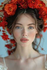 Portrait of a beautiful girl in a wreath of red poppies