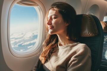 Young woman traveling by plane looking out the window.