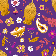 Endless pattern with buddha head and floral elements. Background for religious holidays, yoga studios. Vector illustration.