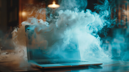 A laptop is on a table with a cloud of smoke surrounding it. Concept of technology and innovation, as well as a futuristic or sci-fi atmosphere