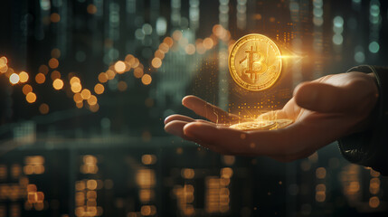 Hand presenting a glowing Bitcoin with digital effects over a blurred cityscape at night, Concept of modern finance, cryptocurrency investment, and digital economy.