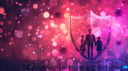 Illustration of a family protected under a shield against floating virus particles, pink bokeh background, Concept of health security, pandemic protection, and COVID-19 safety measures.