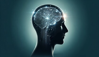 An image of an outline of a human head in profile view with the brain area filled with circuitry, illustrating the concept of artificial intelligent.