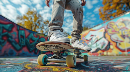 A young person skateboarding against a graffiti wall from a low angle view, capturing the spirit of urban street culture and artistic expression.
