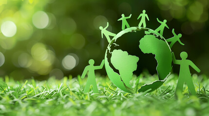 Green paper cutout figures holding hands around a paper globe on grass, Concept of global unity, environmental conservation, and World Earth Day.