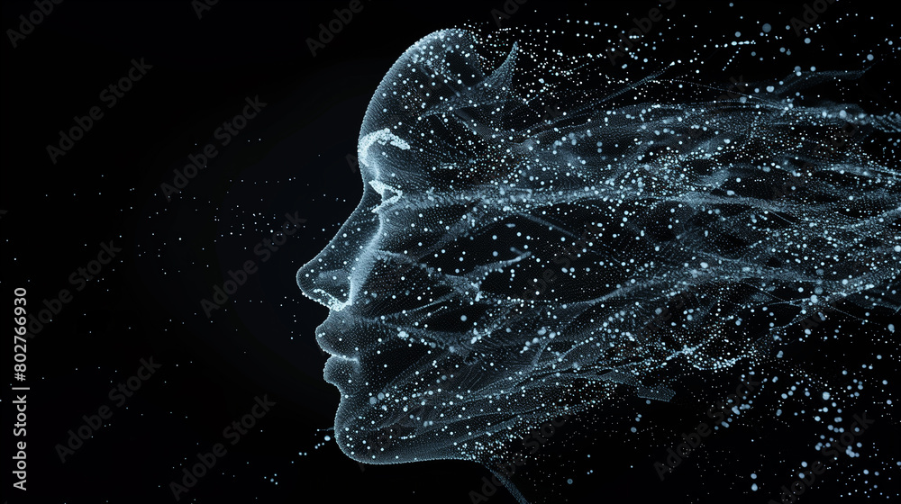 Poster digital human face in network particles. a digital mesh forms a human face profile, showcasing a com