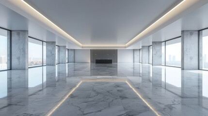 A minimalist and modern showroom with clean lines and an empty space providing a panoramic view of the interior design.
