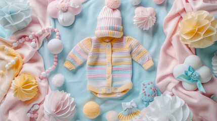Beautifully styled flat lay showcasing adorable baby outfits and accessories on a soft, pastel blanket.