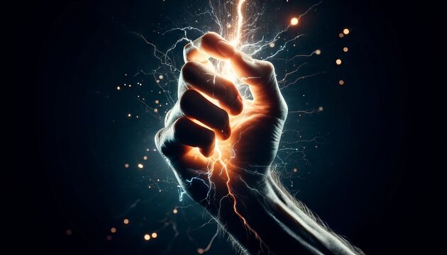 A hand holding a lightning bolt, with electric sparks and energy radiating out in a close-up.