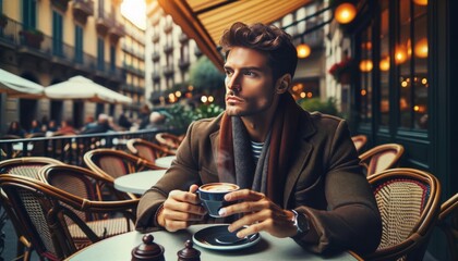 A sophisticated man enjoying a coffee at a café terrace, dressed in a fall jacket and a scarf, with a relaxed and thoughtful expression.