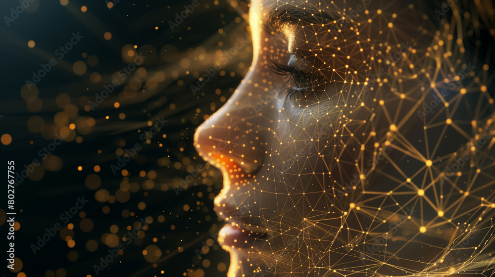 Poster digital human face in network particles. a digital mesh forms a human face profile, showcasing a com