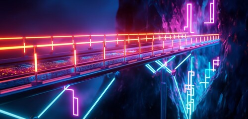 A neon-lit bridge spanning a digital chasm, with secure codes and algorithms forming the structure, representing the safe passage of data in the cyber world. 32k, full ultra hd, high resolution