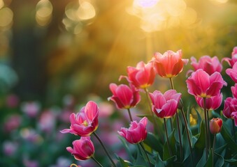 Obraz premium Vibrant Pink Tulips Basking in Golden Sunset Light in Flower Garden