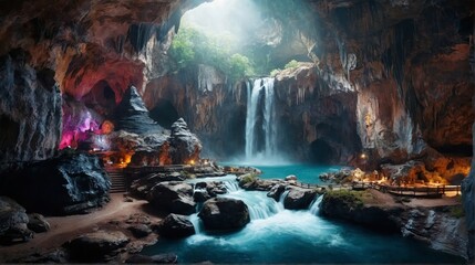 洞窟にある滝の風景,Generative AI AI画像