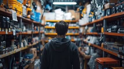 Obraz premium An electrician in a storeroom of electrical supplies. Generative AI.