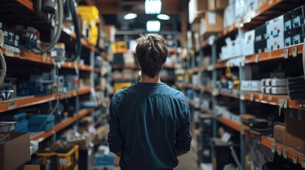 Obraz premium An electrician in a storeroom of electrical supplies. Generative AI.