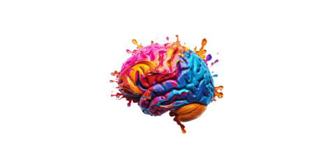 A colorful brain with paint splashes, white background