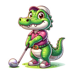 cartoon illustration ( PNG 300 dpi ) , Crocodile is playing golf 