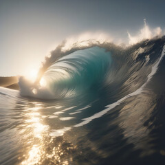 summer waves at the beach for surfers. the point of view of the surfer during golden hour down in the sea