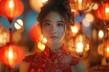 Beautiful asian girl in traditional cheongsam dress with lanterns