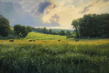 summer evening rain field grazing cows