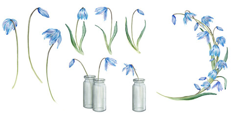 Watercolor set of spring light blue floral illustration. Flower wreath with blue snowdrops or scillas isolated on white background. First spring flowers in glass vase. Hand drawn illustration.