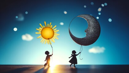 A whimsical image featuring two children in silhouette, each holding a string.