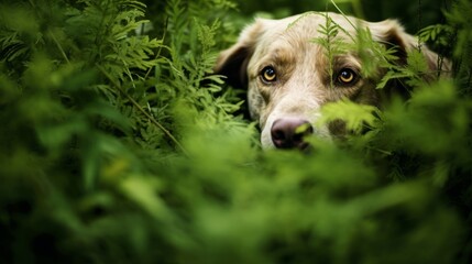 Dog outdoors on green grass. Pets welfare rewilding and mental health concept. Summer in the park or countryside meadow.